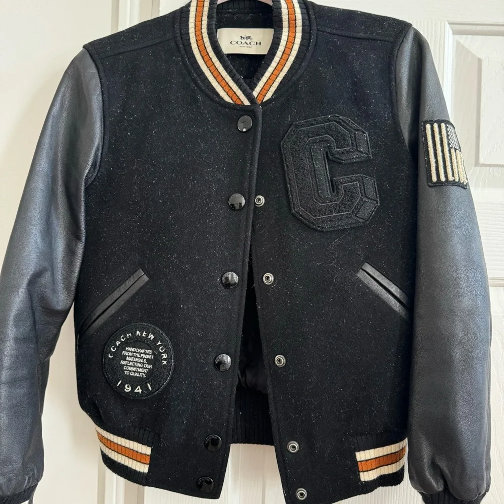 COACH Black Wool & Leather Patch Jacket, Stadium Style,Size XS
